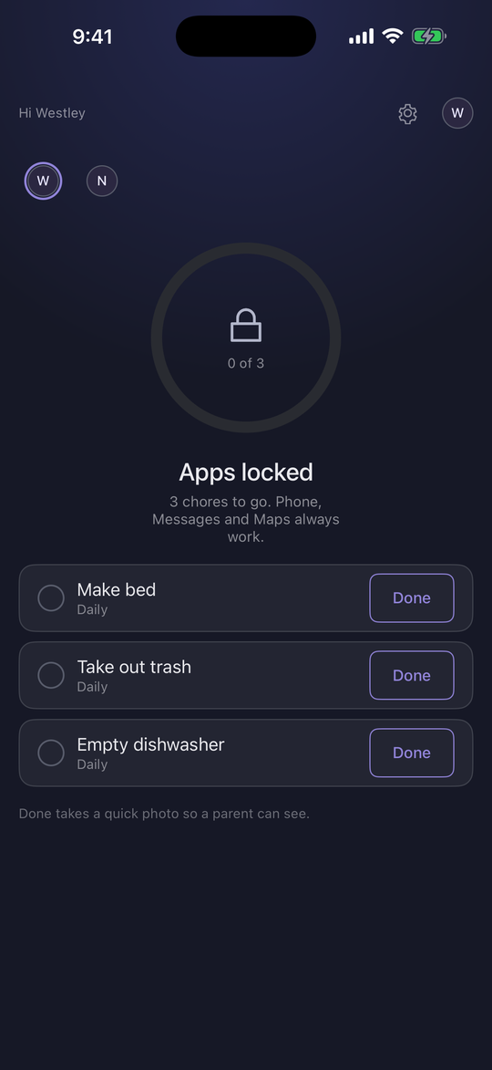 ChoreKey child screen on iPhone showing apps locked with three chores left to do